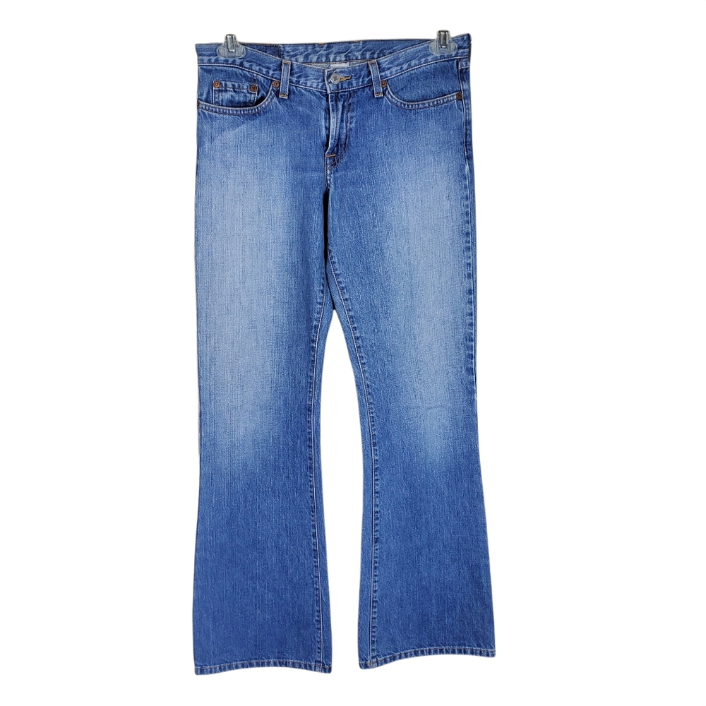 LUCKY BRAND Womens Jeans Sz 6 28 Dungarees Flare Blue Denim Leather Logo